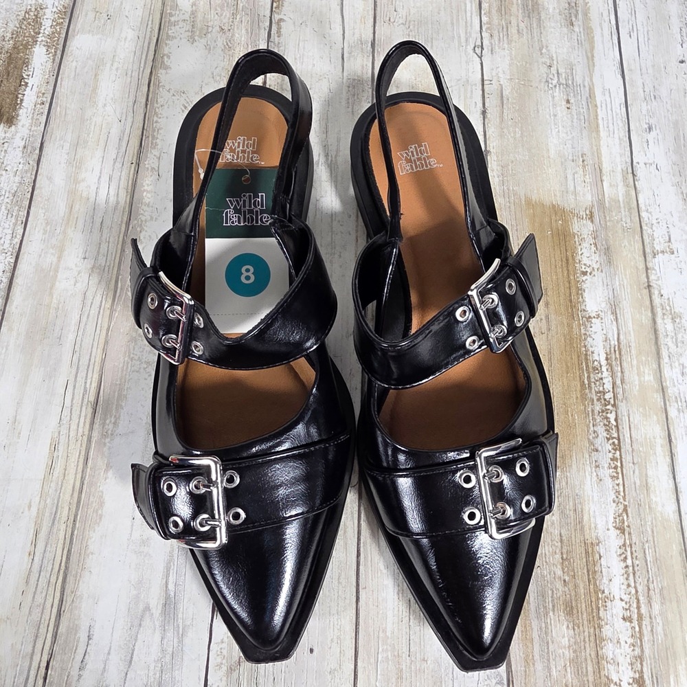 Wild Fable Black Pointed Toe Buckle Slingback Flat Grommet Punk Shoes Size 8 NWT - Picture 9 of 10